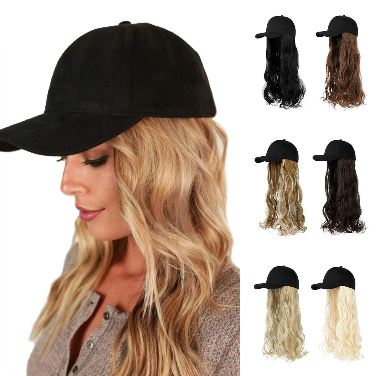 Aynnqueen Baseball Cap With 24&quot; Synthetic Wig - Medium Brown Long Wavy Hair Hat For Women