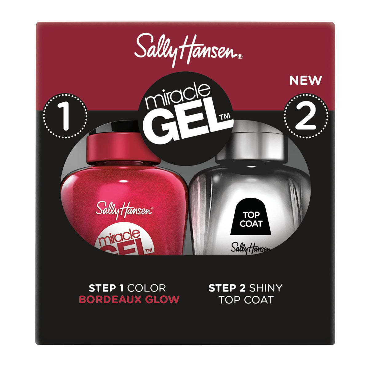 Sally Hansen Miracle Gel Duo, Bordeaux Glow & Shiny Top Coat, Long Lasting Nail Polish, 1 Fl Oz