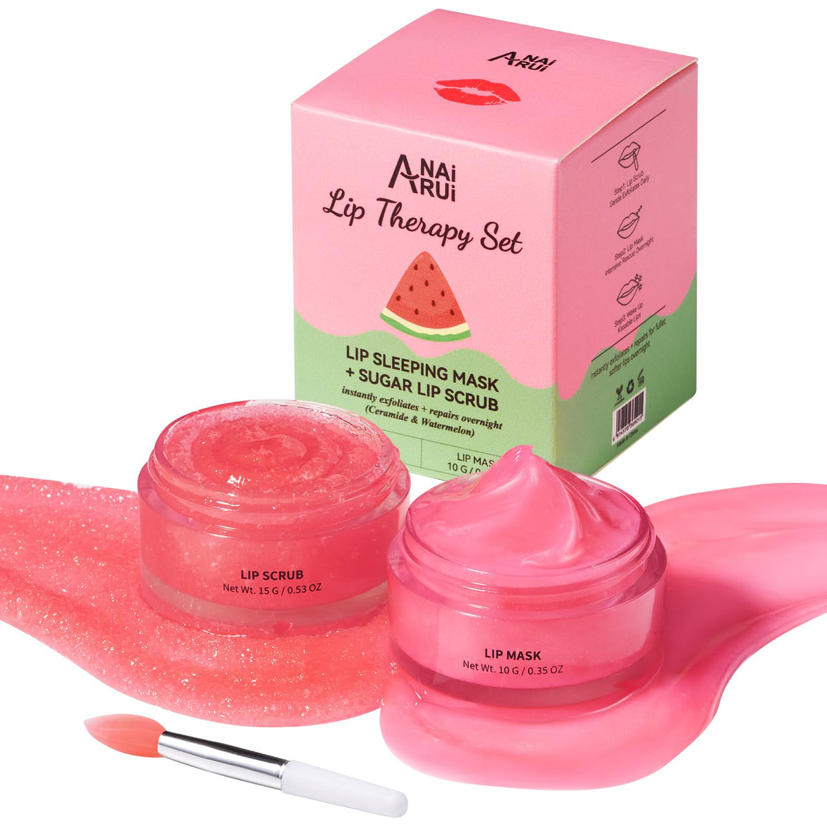 Anai Rui Lip Mask Set - Lip Scrub & Butter, Watermelon, Overnight Treatment For Soft Pout