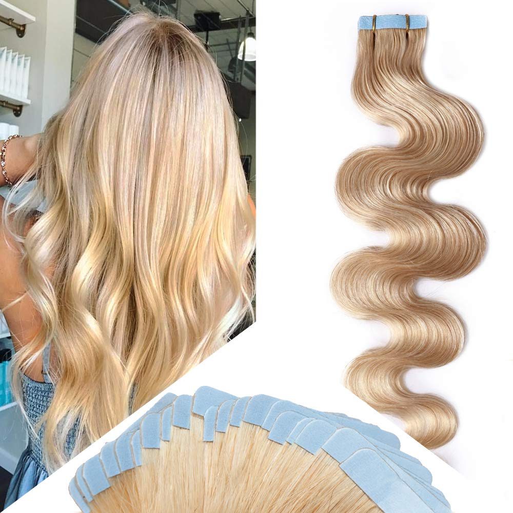 Hairro 14&quot; Tape in Hair Extensions, Body Wave, #24 Natural Blonde, 40g, Seamless Wavy Weft