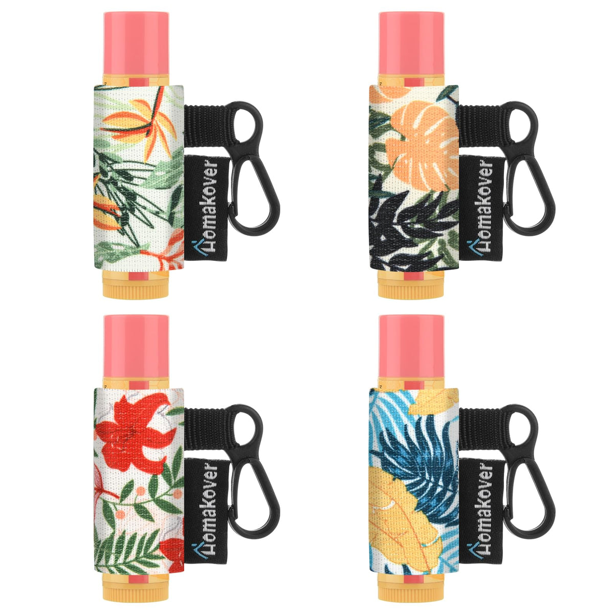 Homakover 4 Pack Clip-On Lip Balm Holders With Colorful Floral Elastic Sleeves - Keychain Compatible