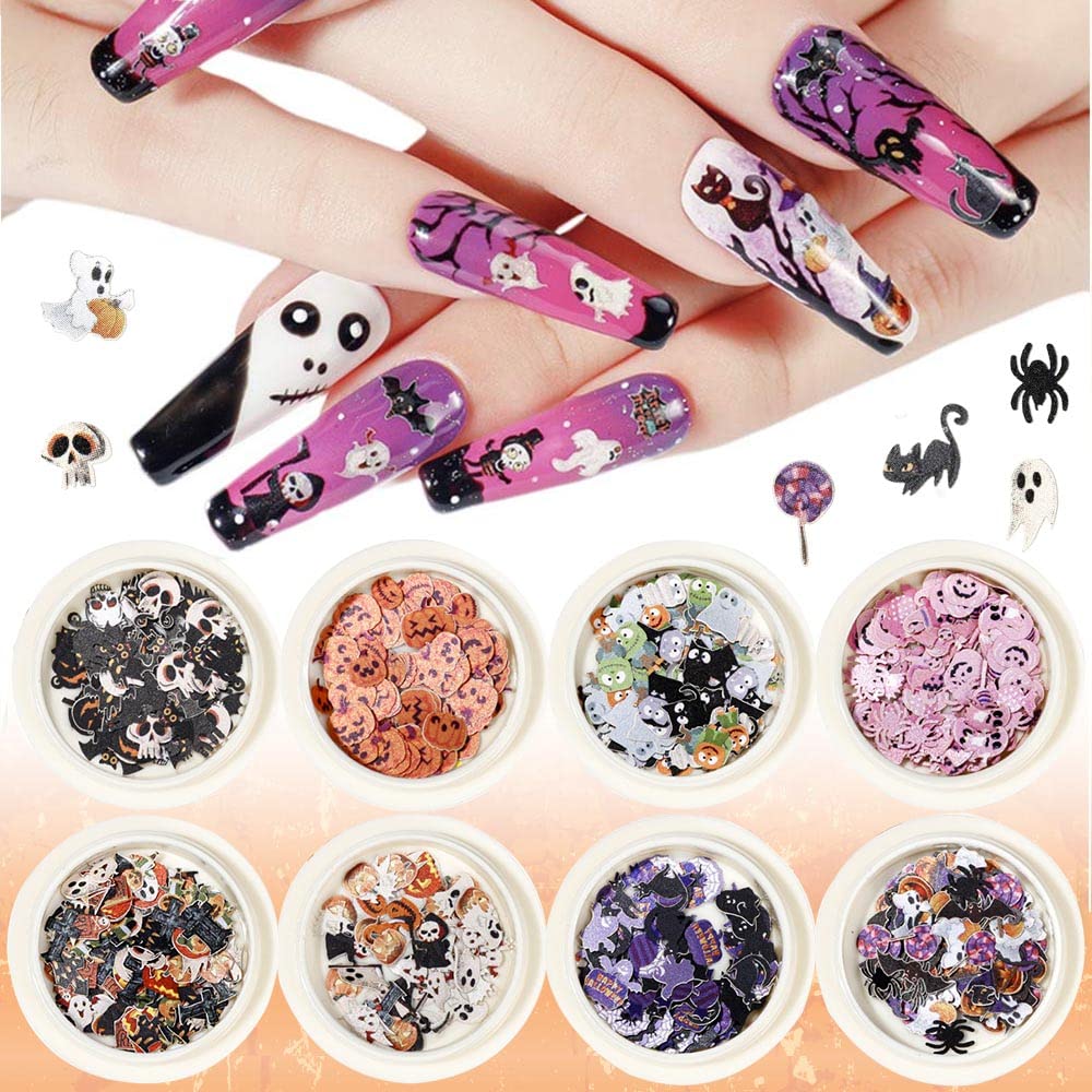 Kalolary Halloween Nail Art Sequins - 3D Pumpkin, Witch & Bat Decals For Diy Manicure, 8 Count