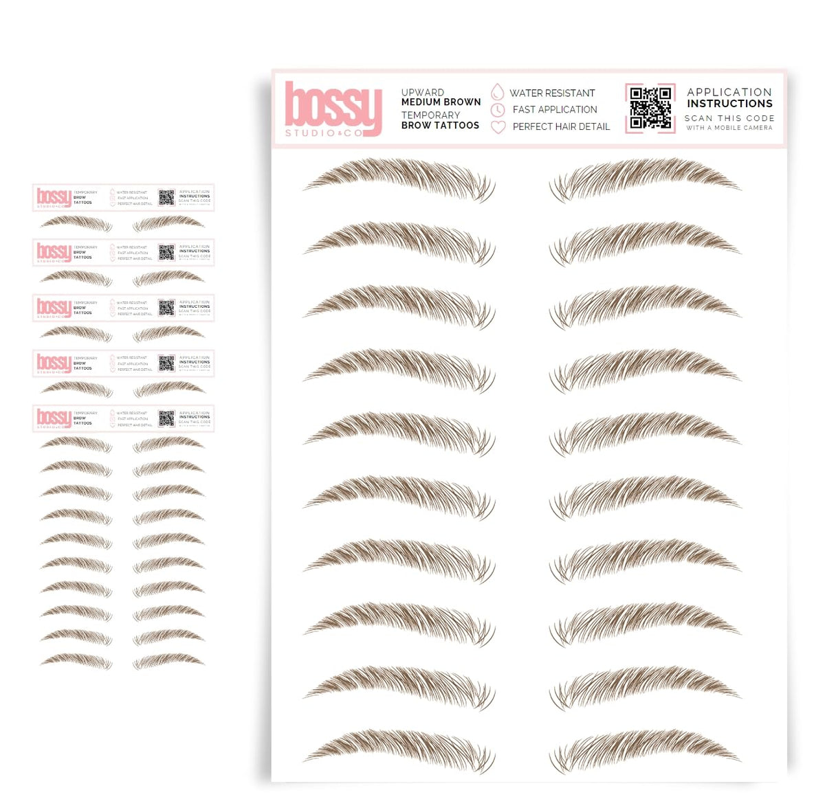 Brows By Bossy 5 Pack Waterproof Eyebrow Tattoos - Natural Medium Brown Peel-Off Stickers