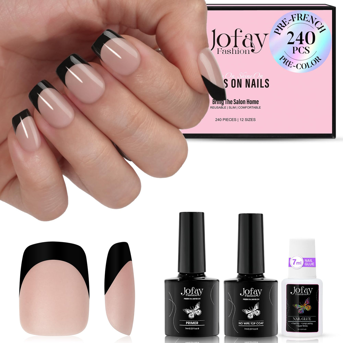 Jofay Fashion Gel Nail Tips Kit - 240 Pcs Short Acrylic Press On Nails with UV Lamp & Glue