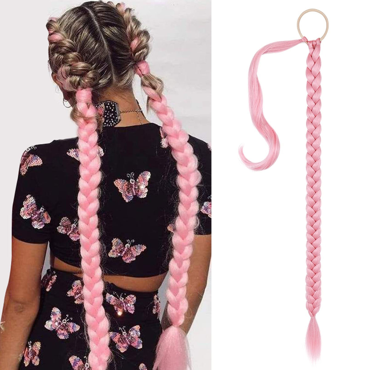 Seikea 34&quot; Pink Braided Ponytail Extension, Soft Synthetic Hair Piece For Women, 180G