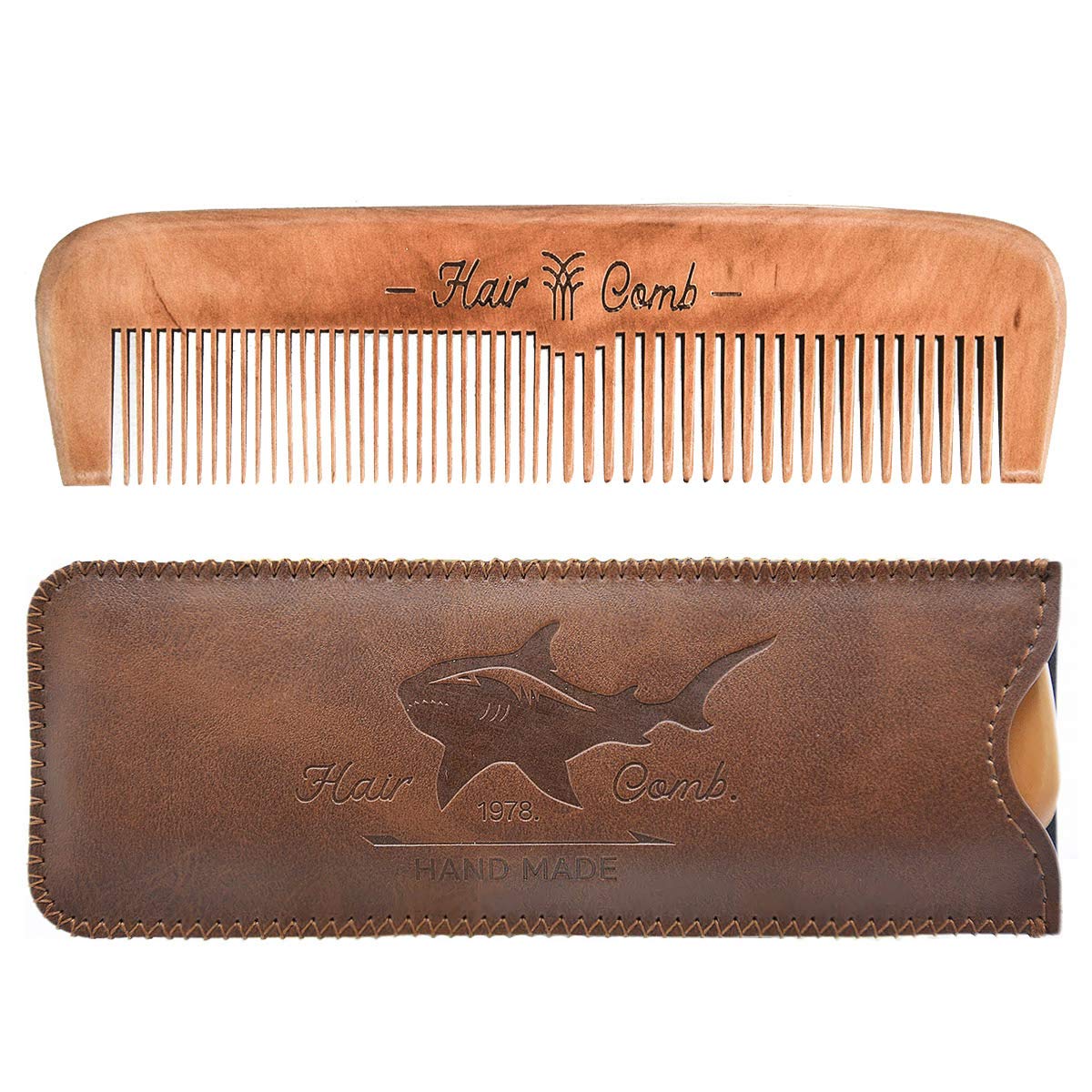 Beard Power Wooden Hair Comb For Men & Kids With Leather Travel Case - Brown Shark Design