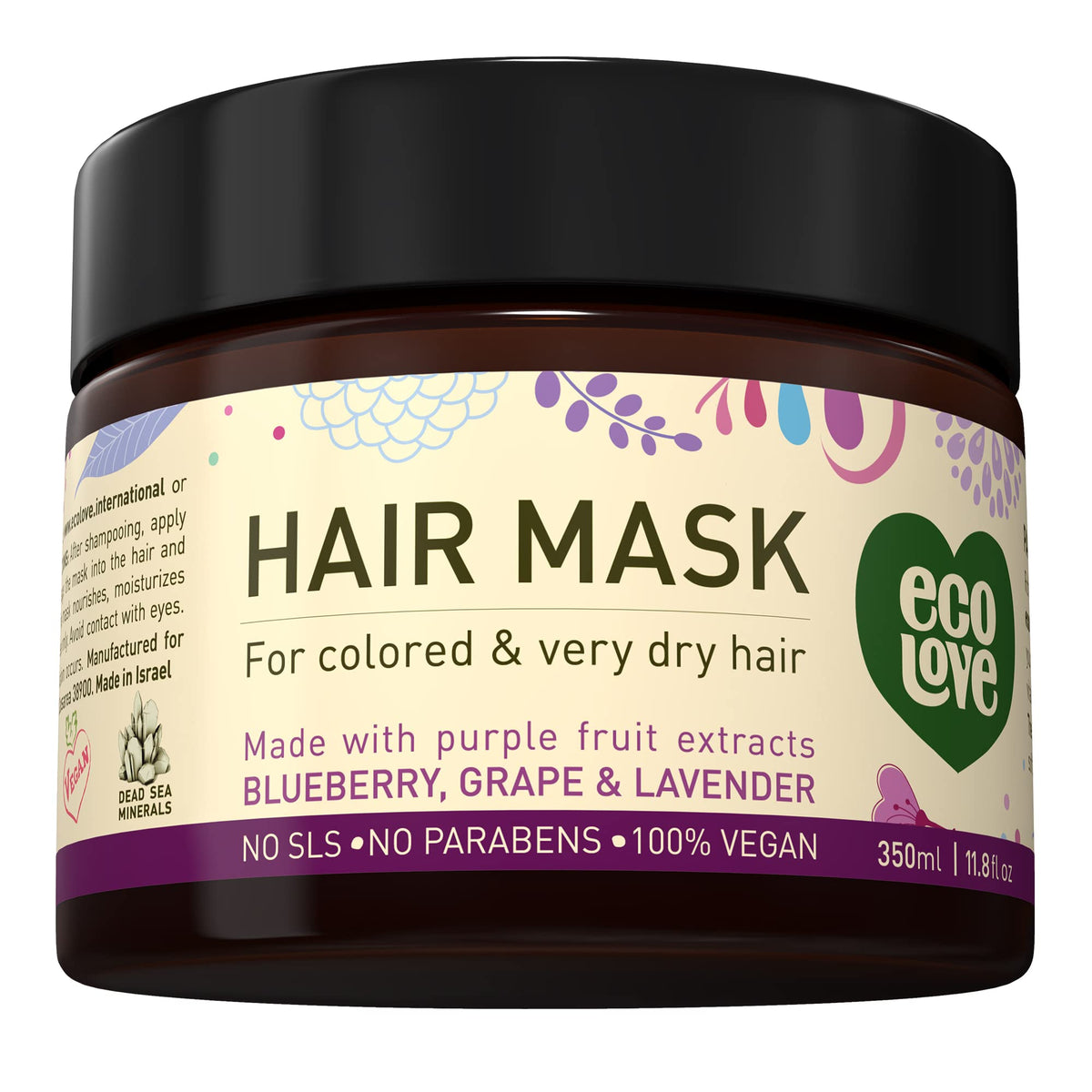 Ecolove Natural Lavender Hair Mask - Vegan Deep Conditioning For Dry Damaged Hair, 17.6 Fl Oz