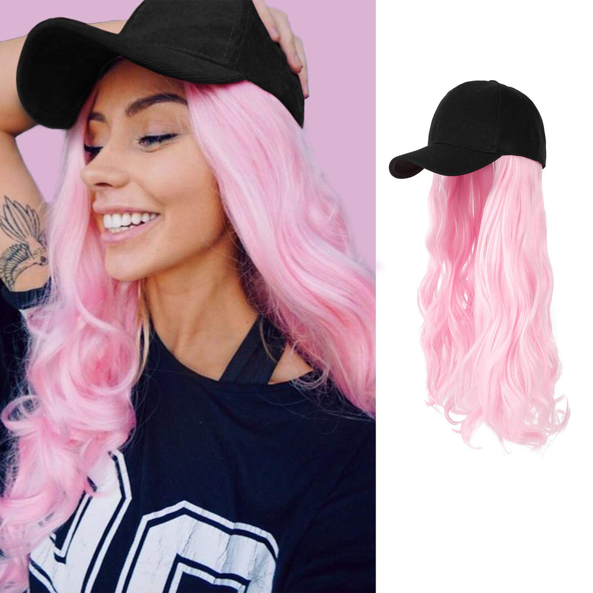 Aynnqueen Light Pink Baseball Cap With 24&quot; Wavy Hair Extensions For Women