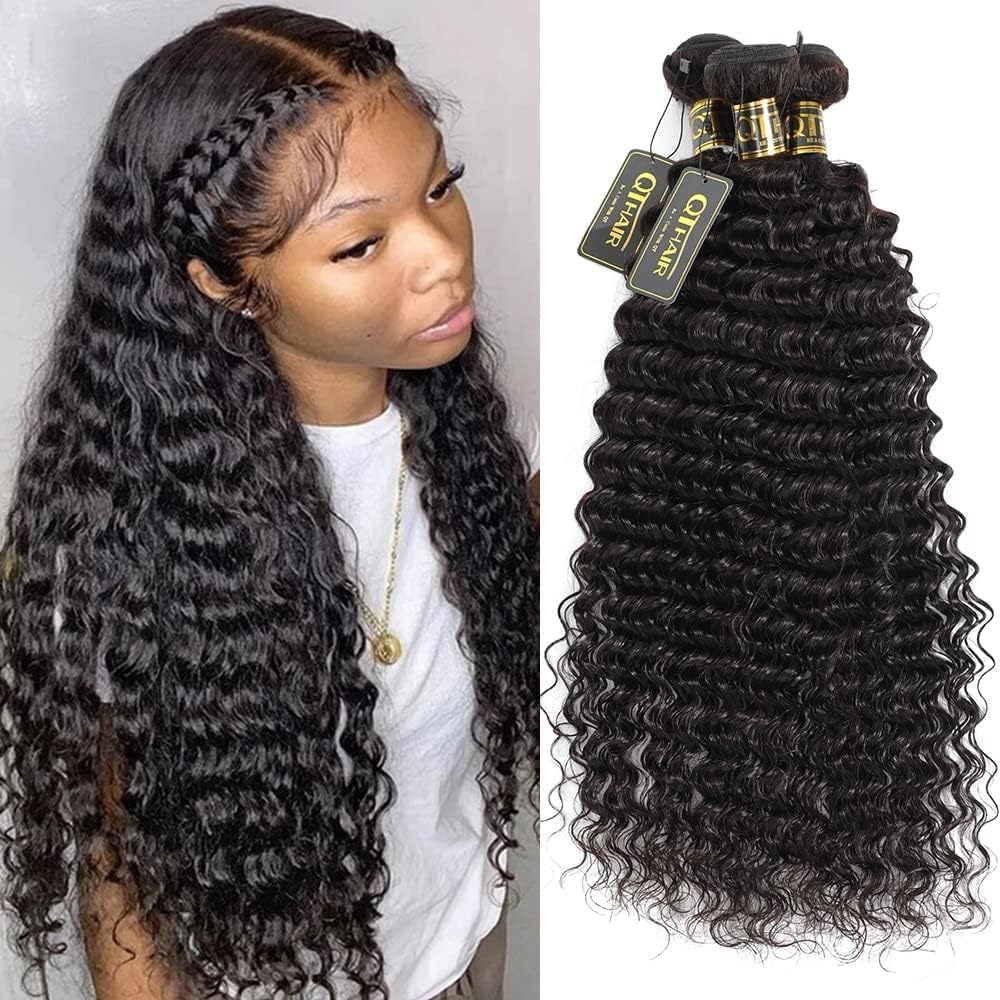 QTHAIR 14A Brazilian Deep Wave Hair Bundles 100% Virgin Remy 12&quot; 12&quot; 14&quot; Natural