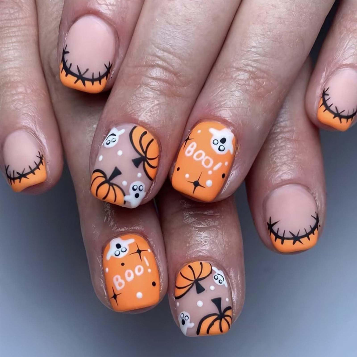 Kasoicra Orange Halloween Press On Nails, 24 Pcs Short Square Matte Acrylic With Pumpkin Design