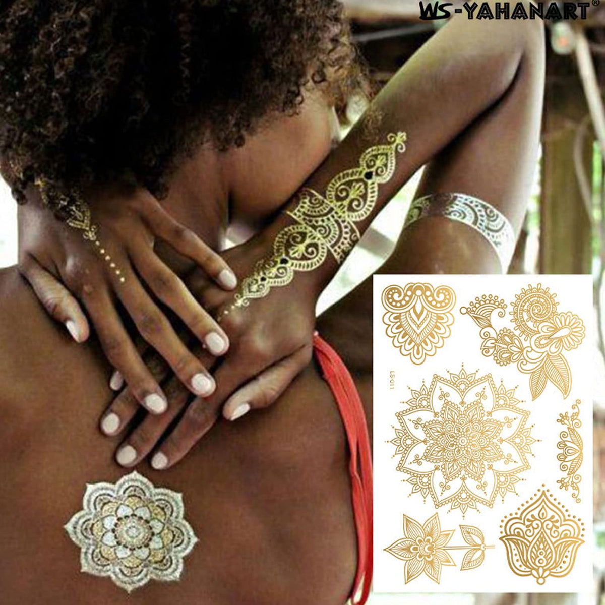 Kasuwa Gold Henna Temporary Tattoo Stickers - Waterproof Flower Lace For Weddings & Festivals