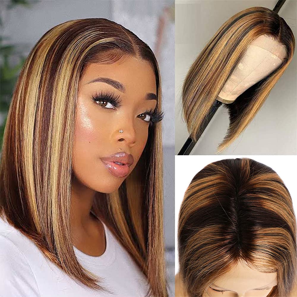 Mimore 10 Inch Highlight Bob Wig Ombre P4/27 Human Hair Lace Frontal Straight With Baby Hair