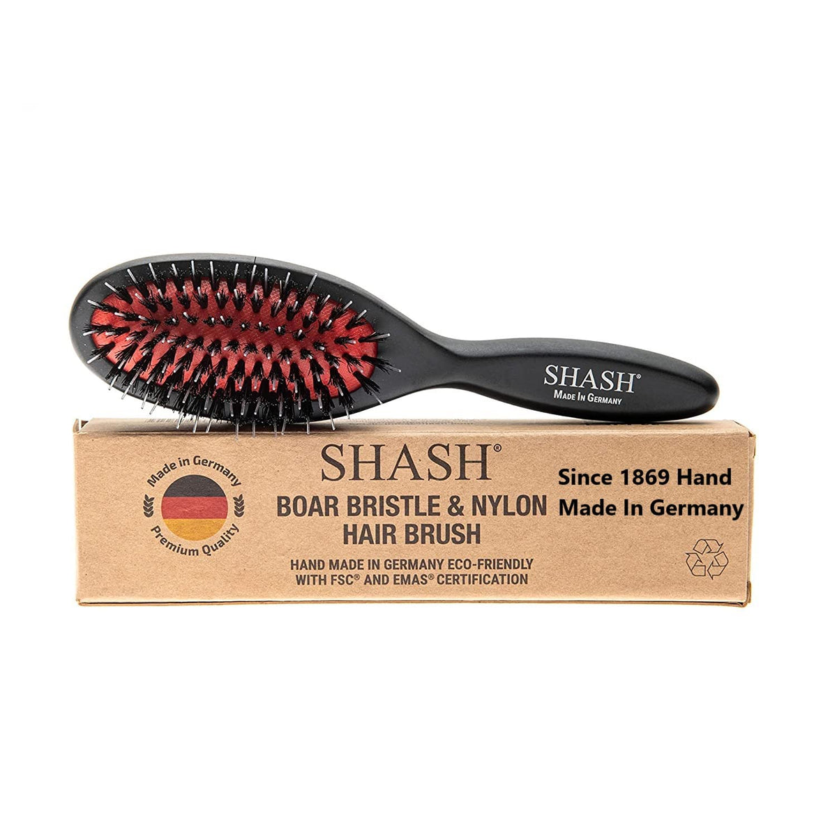 SHASH Nylon Boar Bristle Brush - Hand Made in Germany for Thick Hair, Softens & Detangles, Small