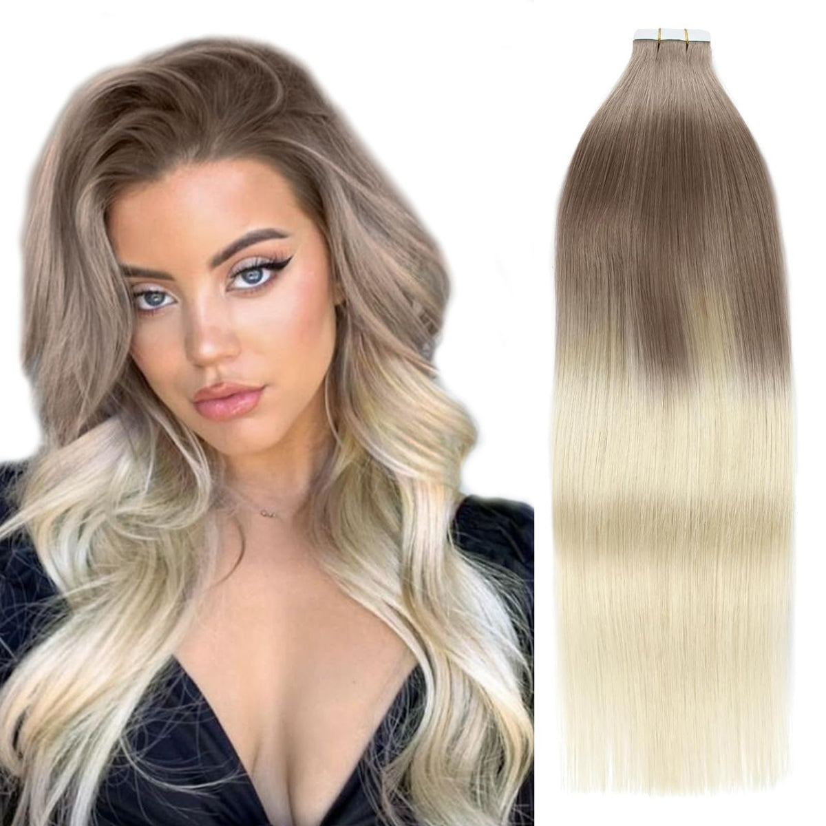 Ymeyme 16&quot; Tape In Hair Extensions Human Hair #B8/60 Balayage Light Brown To Platinum Blonde 50