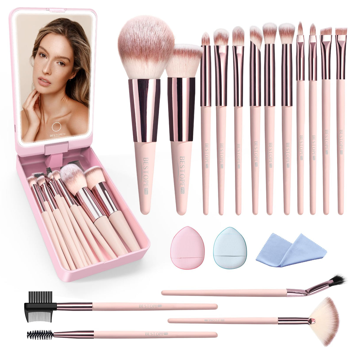 Bestope Pro 20Pc Makeup Brush Set With Case, Led Mirror, Pink - Foundation, Blush, Eyeshadow Brushes