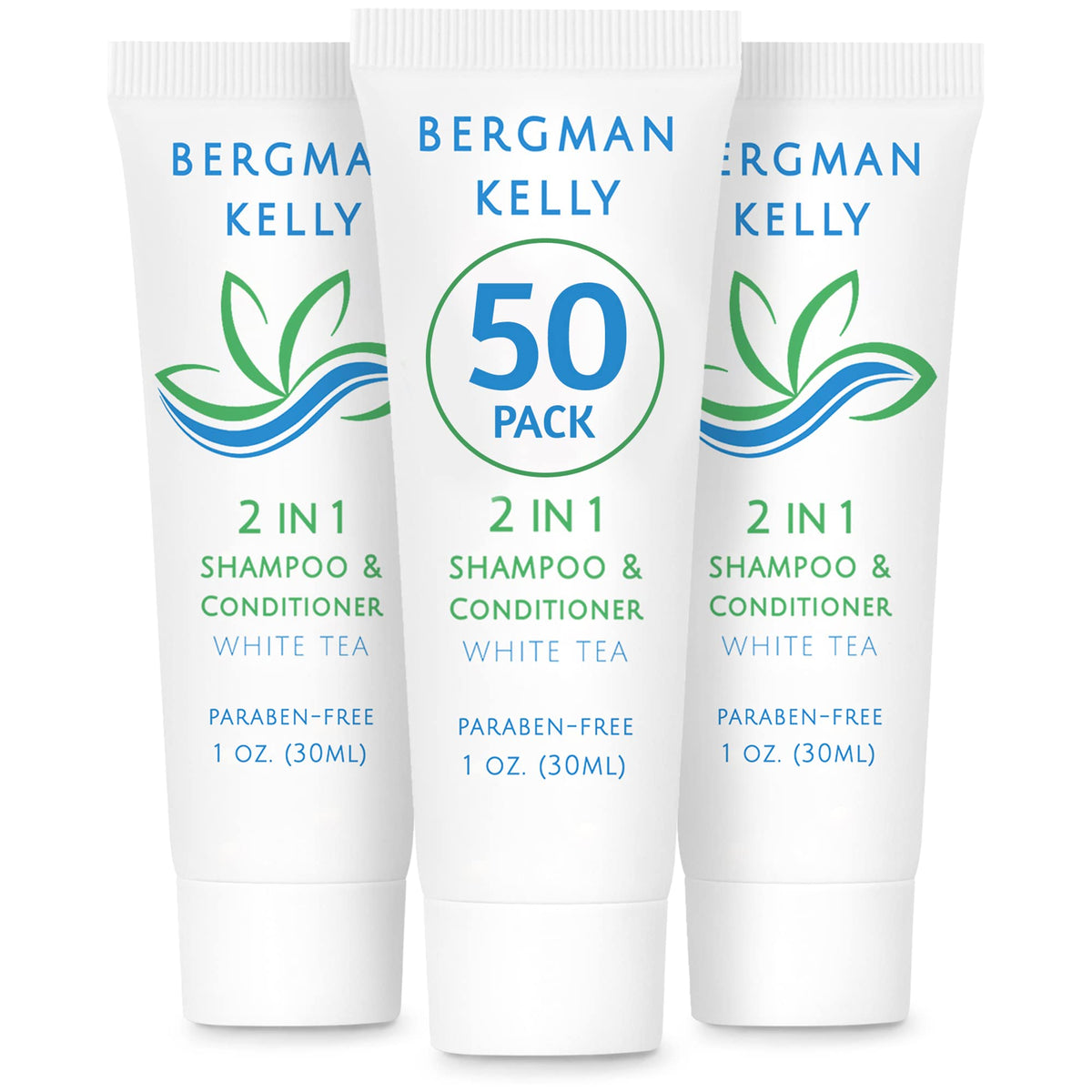 Bergman Kelly 2-In-1 Travel Shampoo & Conditioner, 1 Fl Oz, 50 Pack, White Tea Hotel