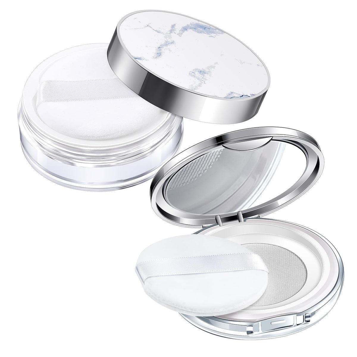 Cunhill 2 Pcs Loose Powder Container With Puff, Reusable Plastic Makeup Case, Silver/Marble