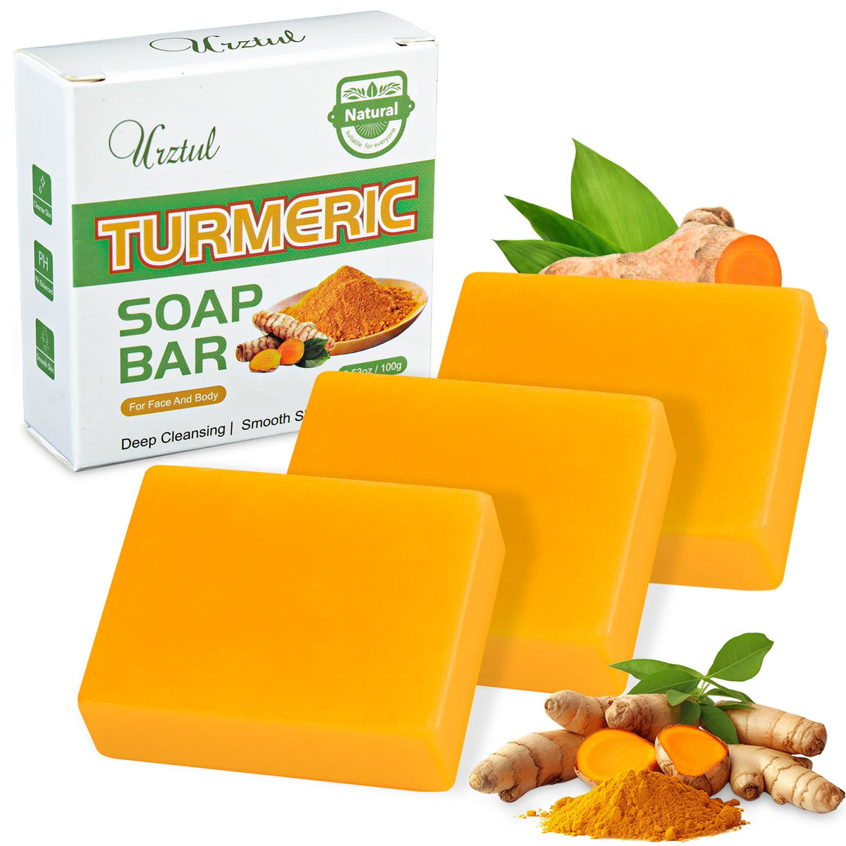 Urztul Turmeric Soap Bar - Organic Cleansing Soap For Face & Body, 3 Pcs Moisturizing Bars