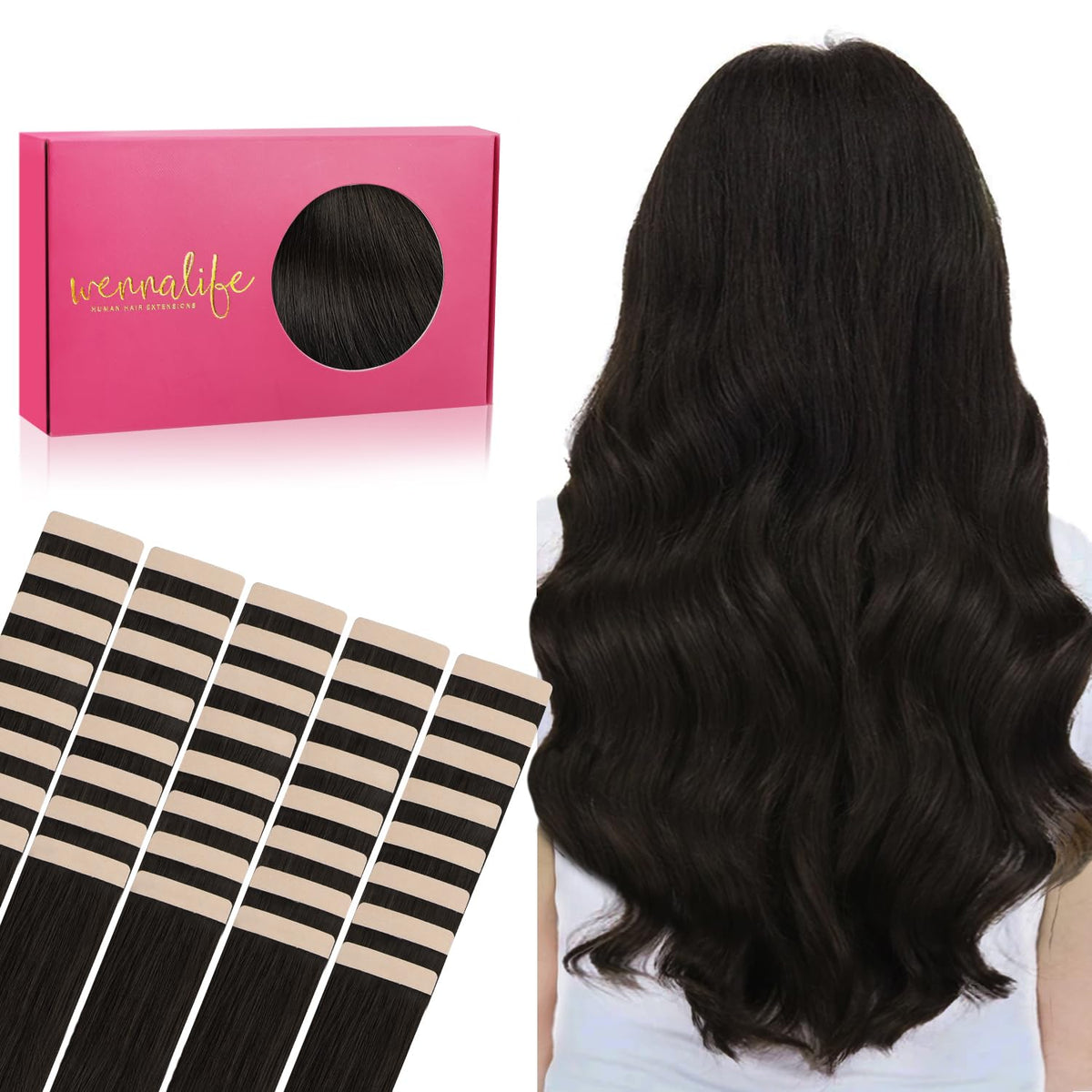 WENNALIFE Dark Brown Tape in Hair Extensions, 40pcs 100g, 20 Inch Real Human Hair