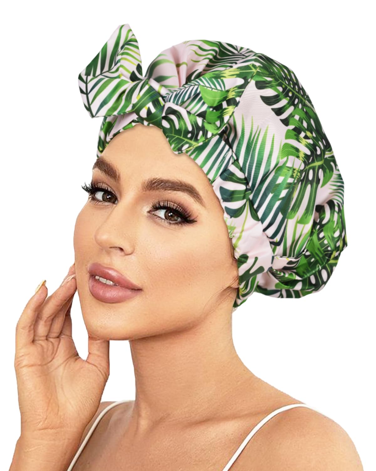 Luvruitaky Luxury Waterproof Shower Cap For Women - Reusable Adjustable Bowknot, Green Palm