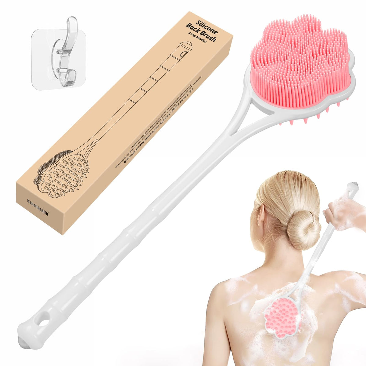 Manmihealth 15.7&quot; Cute Pink Silicone Back Scrubber With Long Handle & Soft Bristles For Sensitive Skin