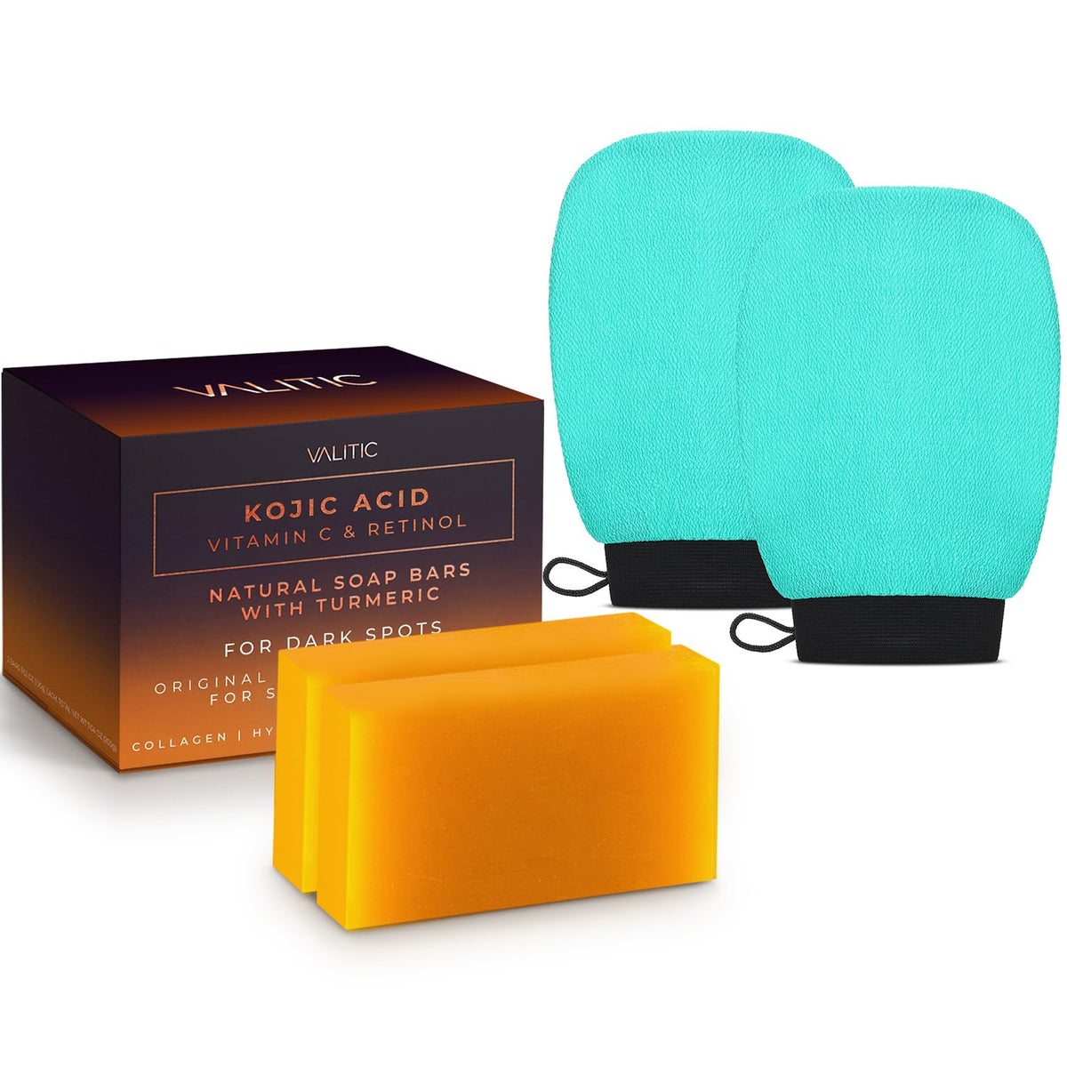 Valitic Kojic Acid & Vitamin C Soap Bars With Exfoliating Gloves For Dark Spots - 4 Pack