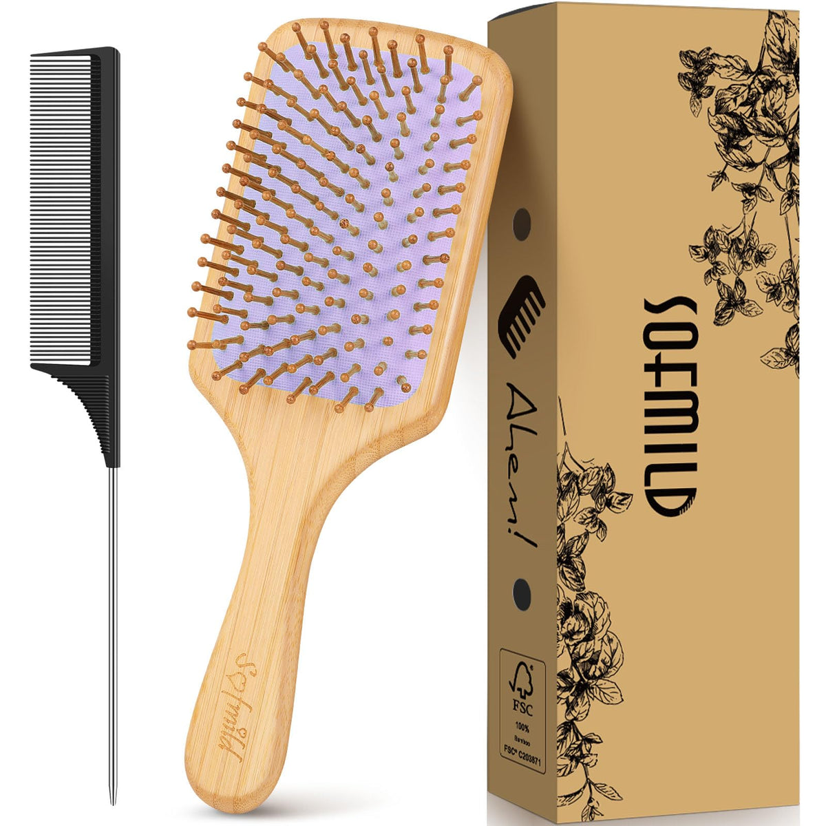 Sofmild Bamboo Wooden Paddle Hair Brush - Detangling Scalp Massager for Hair Growth, Purple