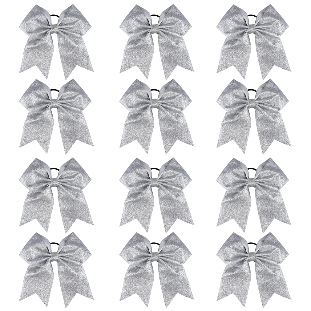 Deeka 12 Pcs Glitter Silver Cheer Bows - Handmade Shiny Ponytail Holders For Cheerleaders