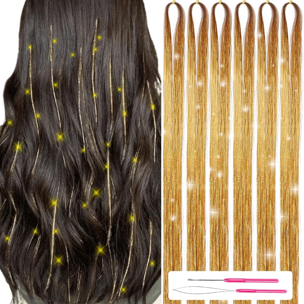 Missuhui Hair Tinsel Kit - 47 Inch 1200 Strands Glitter Extensions, Champagne Gold, Heat Resistant