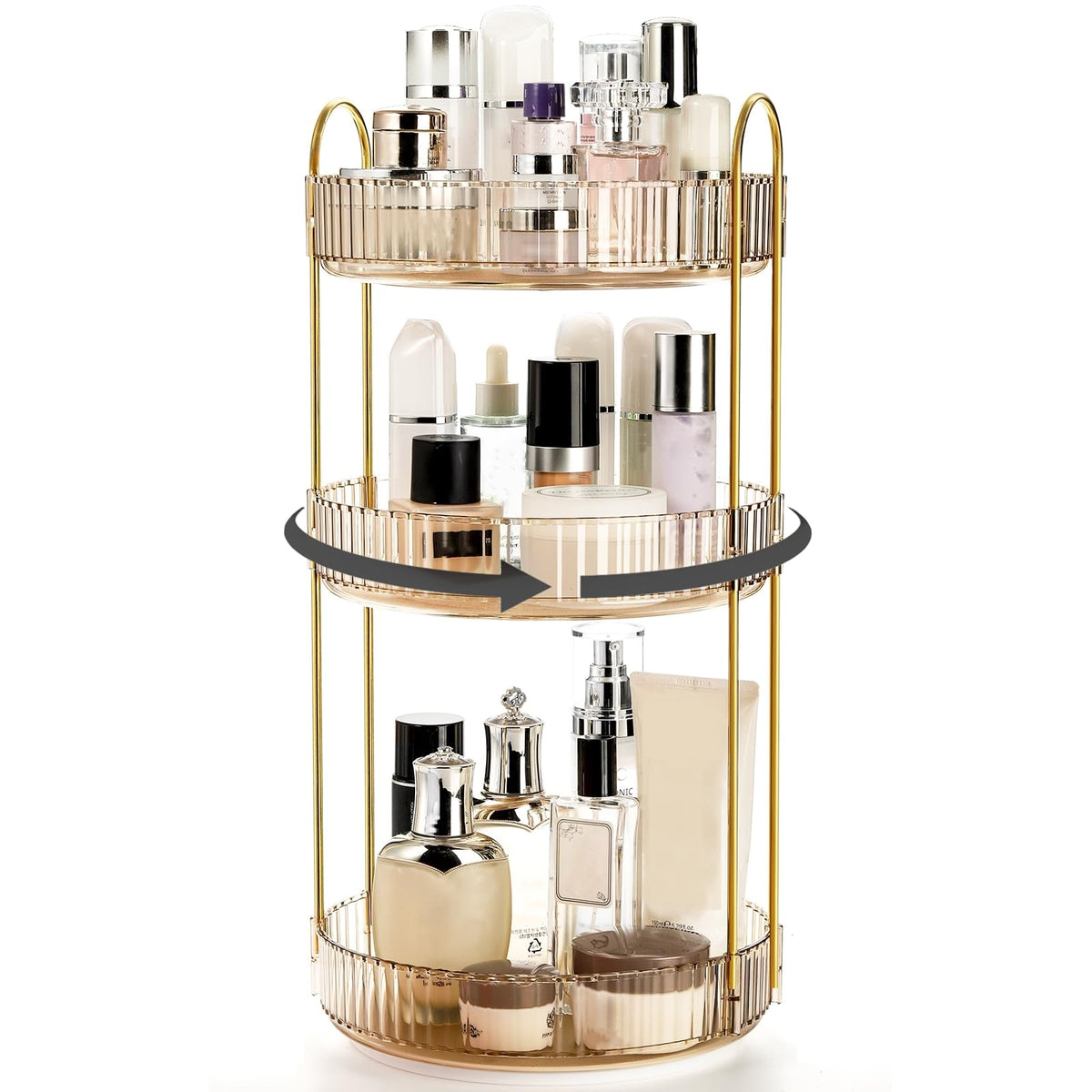 Cididu 360 Rotating Makeup Organizer - 3 Tier Amber & Gold Cosmetic Storage Rack