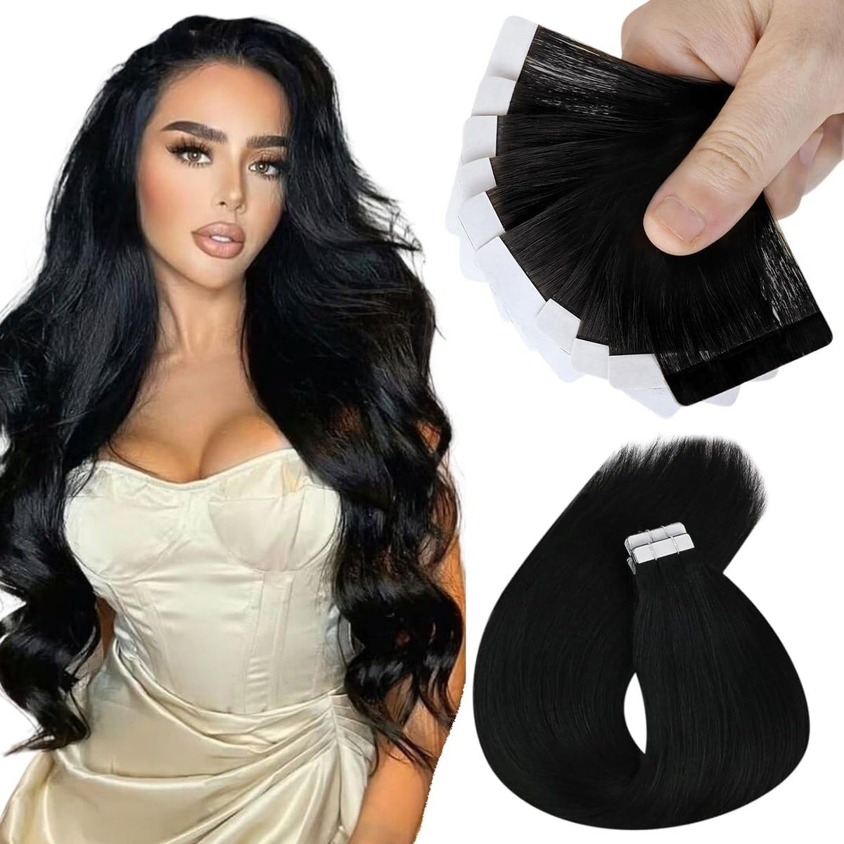 Sunny Hair 22&quot; Jet Black Tape-In Hair Extensions - 100% Remy Human Hair, 25G