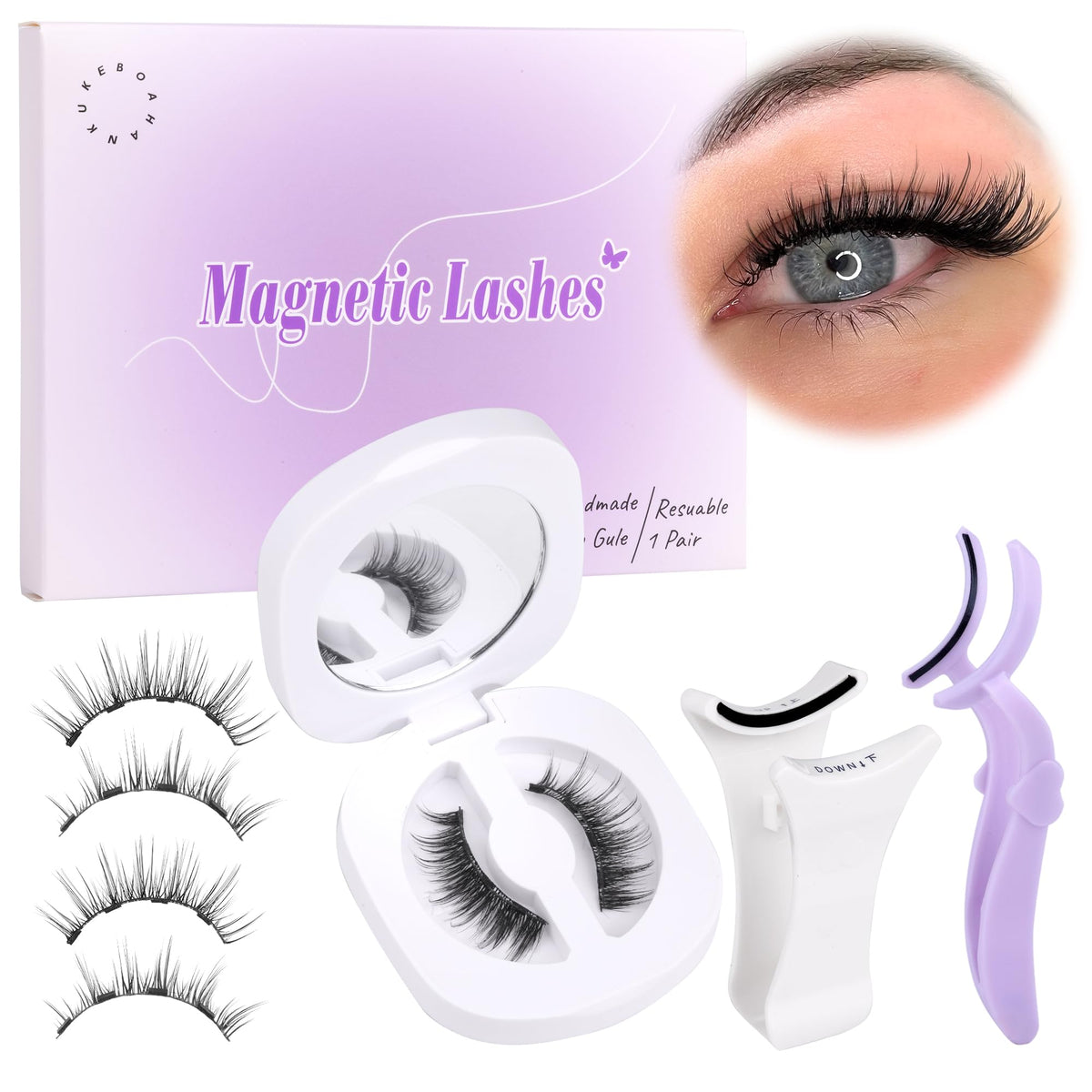 Boahankuke Magnetic Eyelashes – Reusable, No Glue, Natural Look, 2 Applicators, Half Eye Lashes