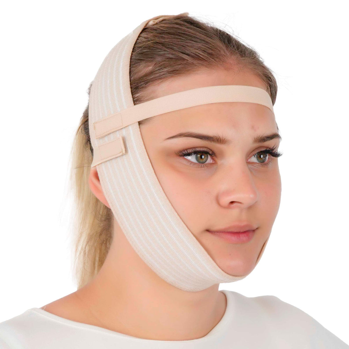 Ikido Post Surgery Facial Compression Chin Strap - Double Chin Wrap, Jowl Tightening, Beige