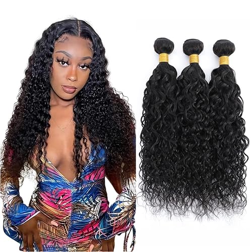 FASHION VILA Water Wave Bundles 14 16 18 Inch Unprocessed Virgin Human Hair Extensions Natural Black