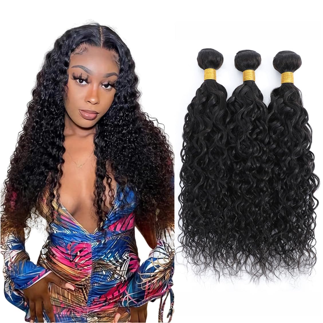 FASHION VILA Water Wave Bundles - 22 24 26 Inch Brazilian Virgin Human Hair Extensions, Natural Black