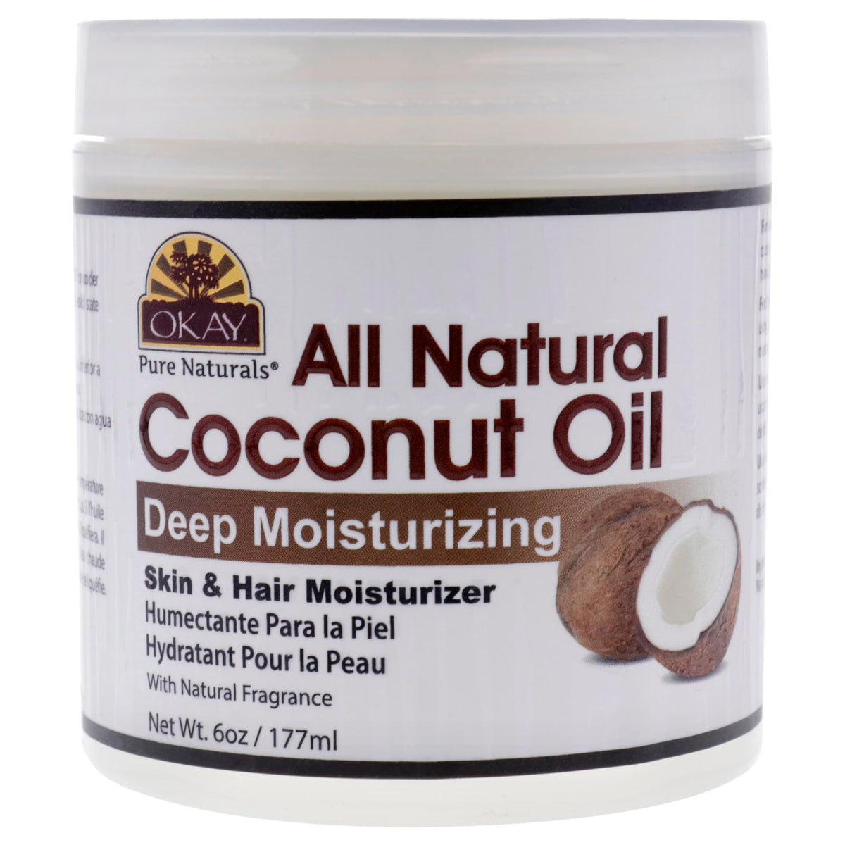 Okay 100% Pure Coconut Oil For Hair & Skin - Natural Moisturizer, 6 Fl Oz Jar