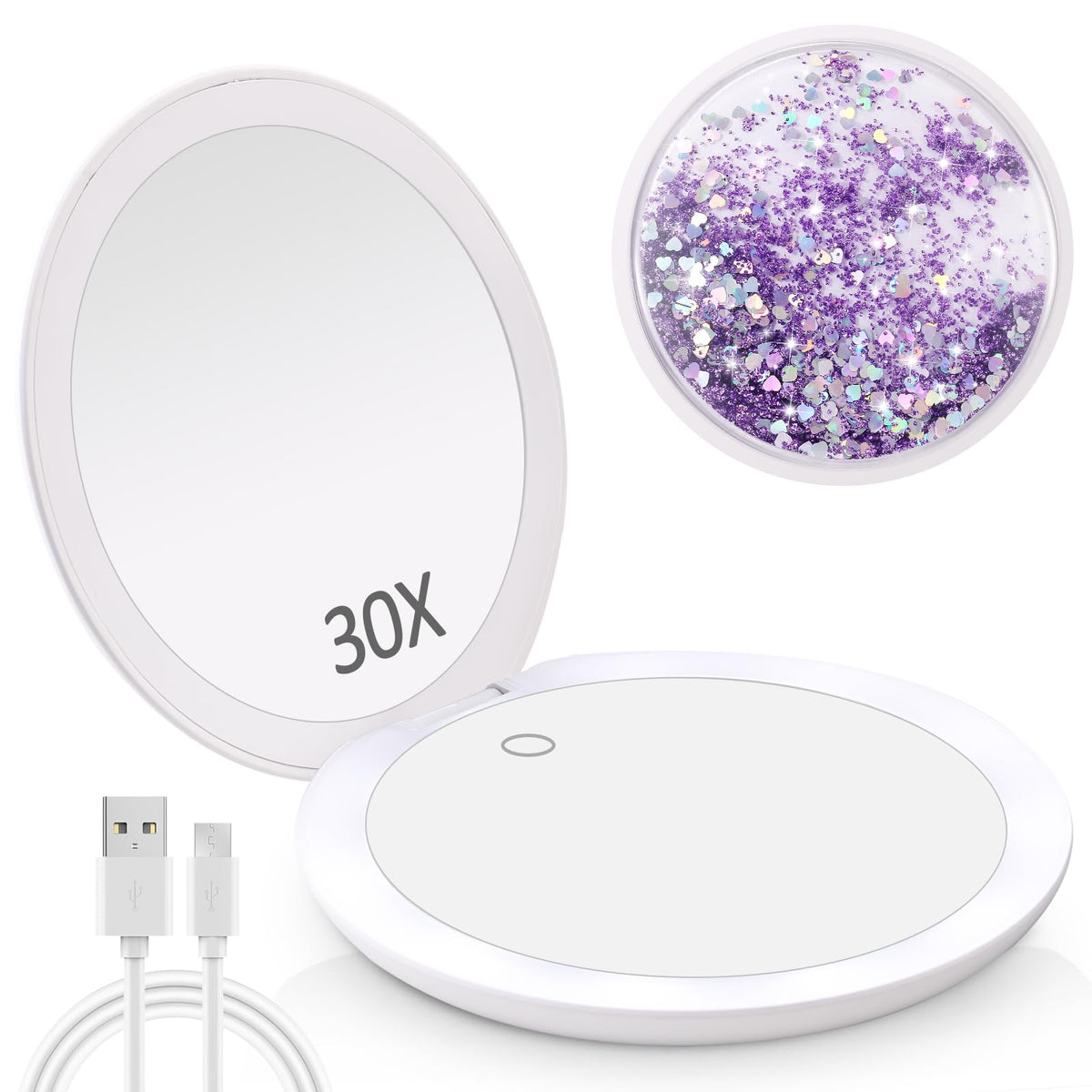 Miyadiva Purple Makeup Mirror With Lights, 1X/30X Magnification, Rechargeable, 4.8 Inch