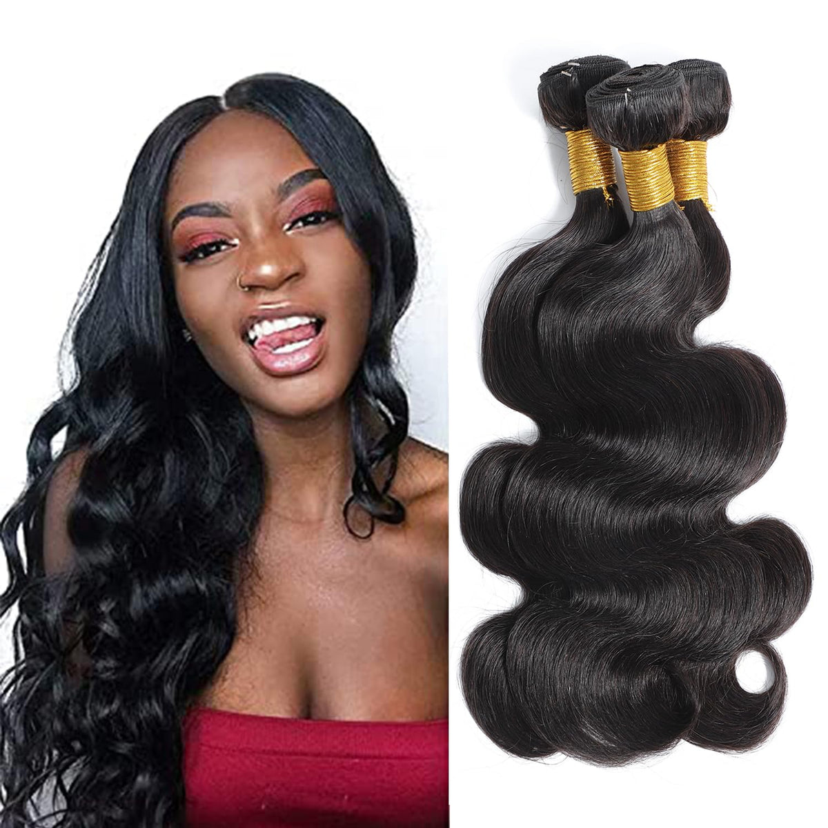 Selina 24&quot; Brazilian Body Wave Hair Bundles, 300g Remy Unprocessed Natural Black Color