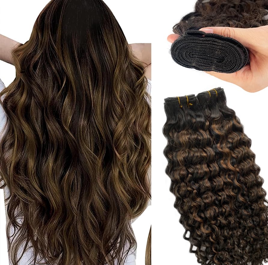 Smartinnov 14&quot; Sew In Hair Extensions - Real Human Hair Balayage Black Chestnut Brown Water Wave