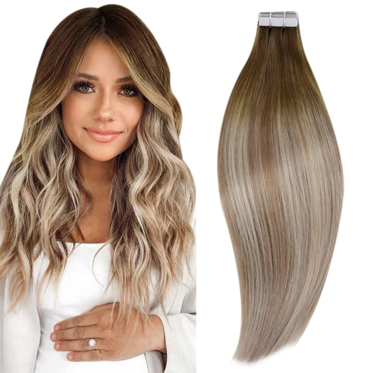 Runature 20&quot; Tape In Human Hair Extensions, Balayage Walnut Brown Ombre Blonde, 50G 20 Pieces