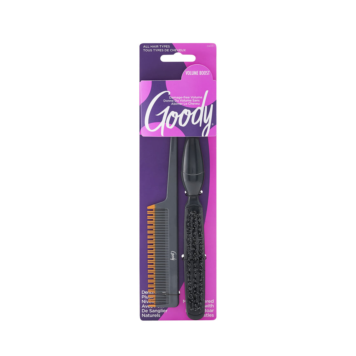 Goody Amp It Up Kit - Teasing Comb & Volumizing Brush Set, 2 Piece, Black, Boar Bristle