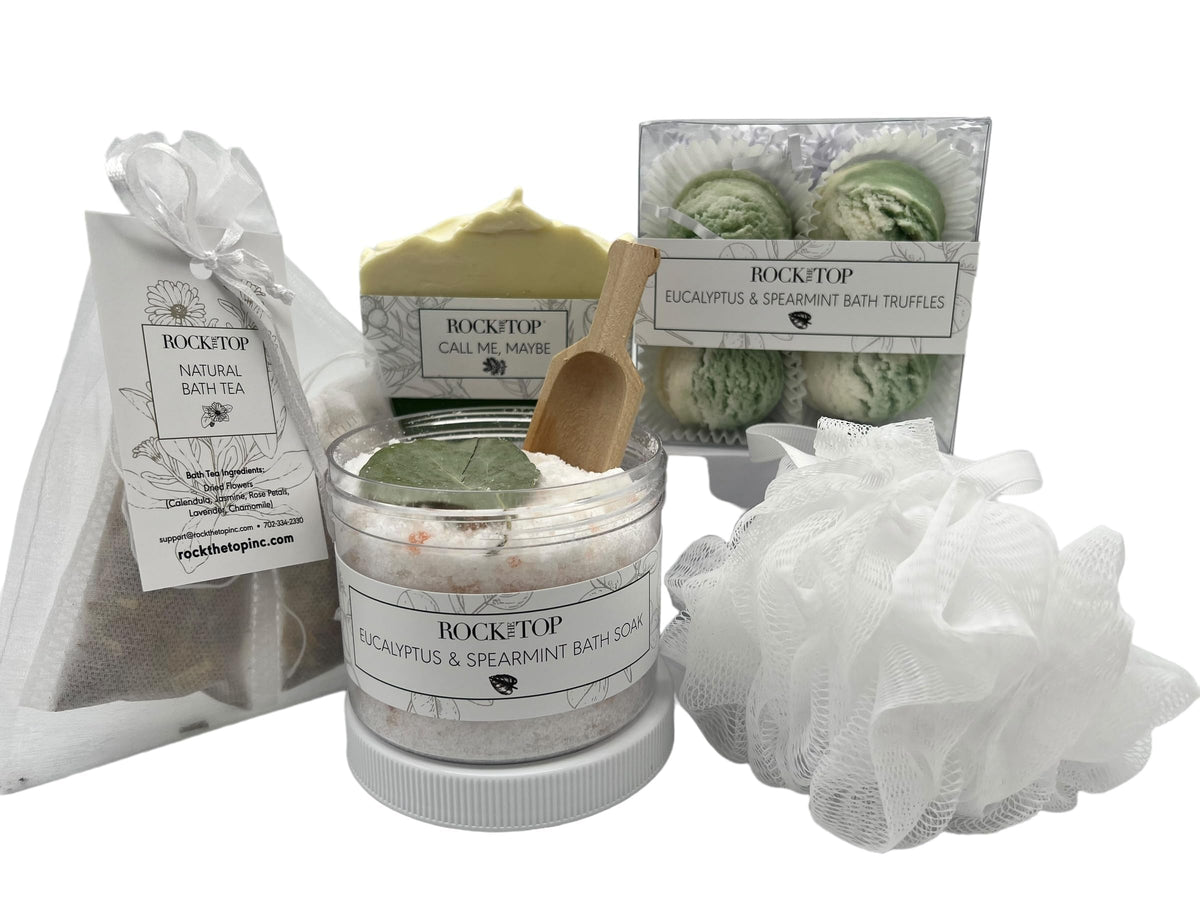 Rock The Top Eucalyptus Spearmint Spa Gift Basket - 6 Self Care Gifts, Aromatherapy Soaks & Bombs