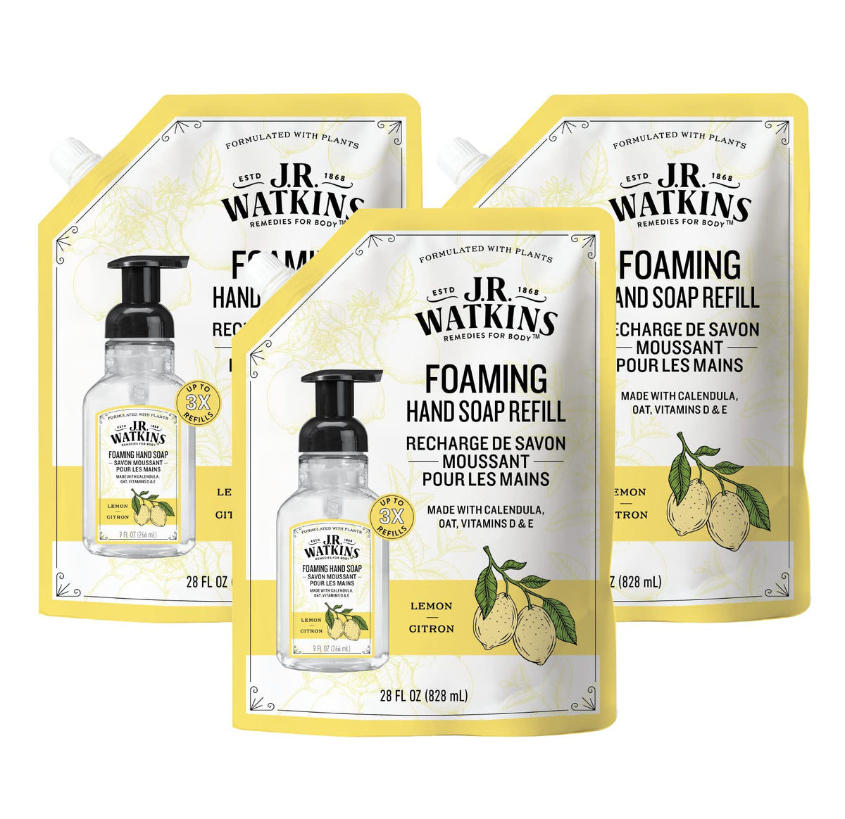 J.R. Watkins Foaming Hand Soap Refill, Natural Moisturizing Foam, Lemon, 28 Fl Oz, 3 Pack