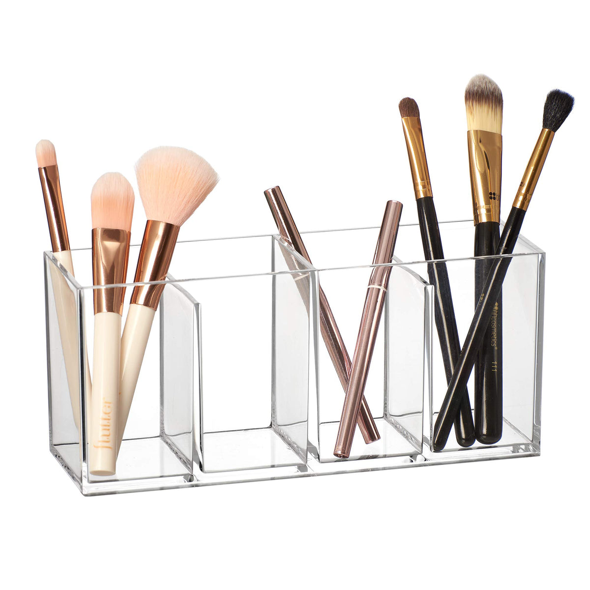 Amazing Abby Acrylic Makeup Organizer - 4-Compartment Clear Brush Holder For Vanity Storage