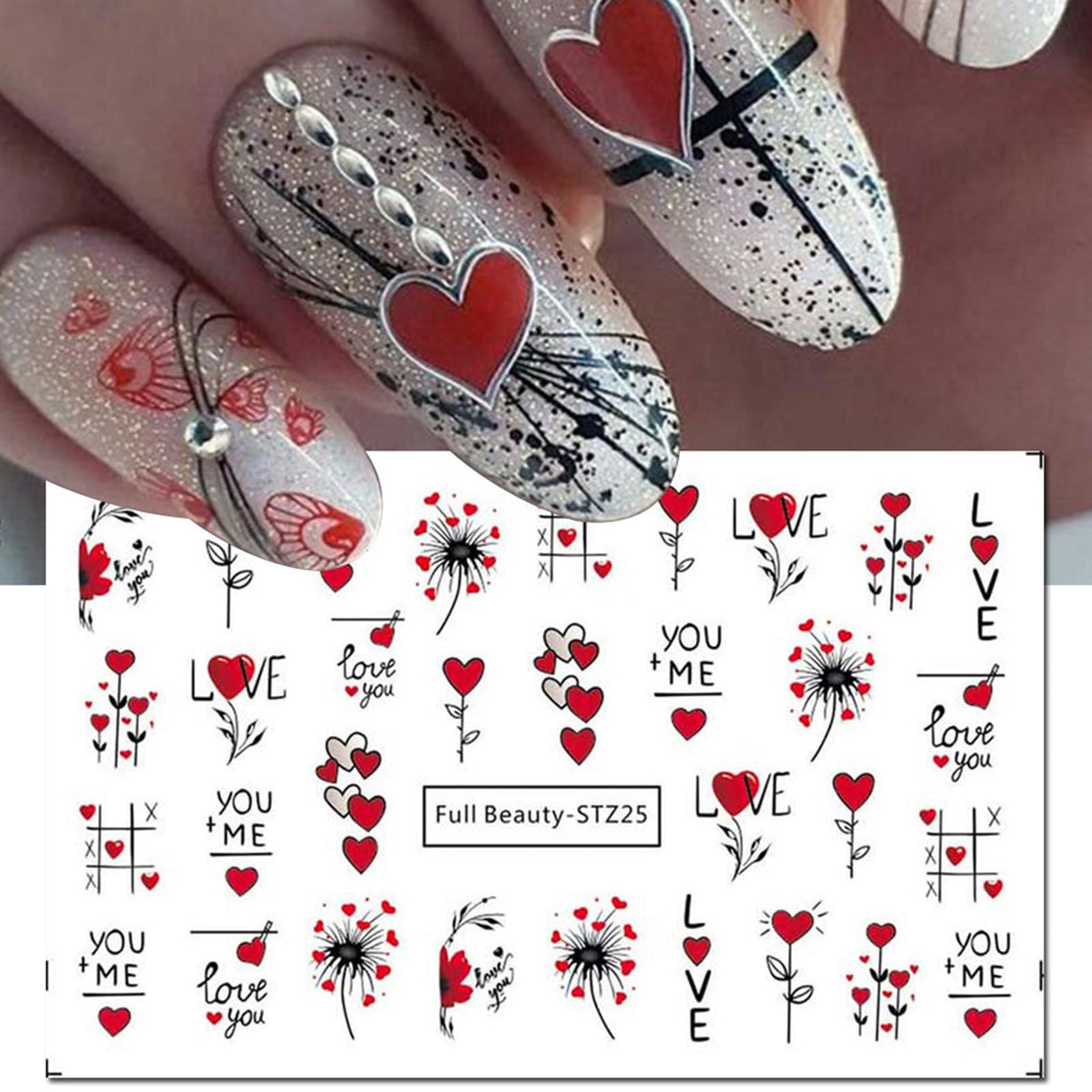 Mangoit Valentine Love Heart Nail Stickers - Dandelion Bear Water Decals, 5 Designs