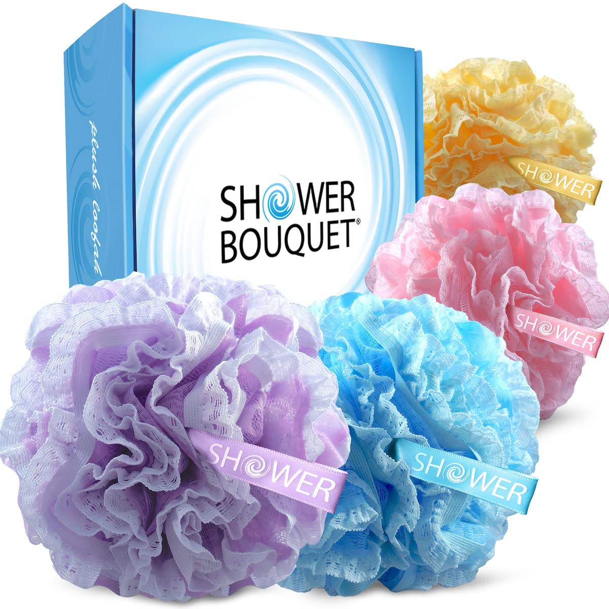 Shower Bouquet 4-Pack Lace-Mesh Loofah Bath Sponges - Exfoliate & Cleanse In Spa Colors