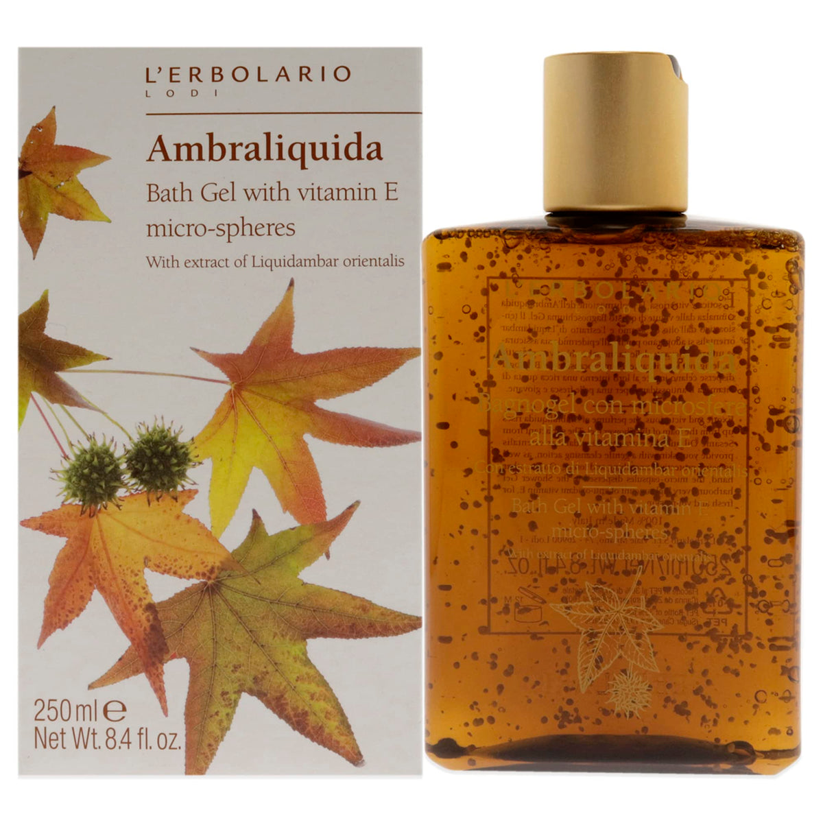 LErbolario  Ambraliquida  Bath Gel  Infused with Vitamin E MicroSpheres  Toning and Protective Skin Support  Amber  Cream