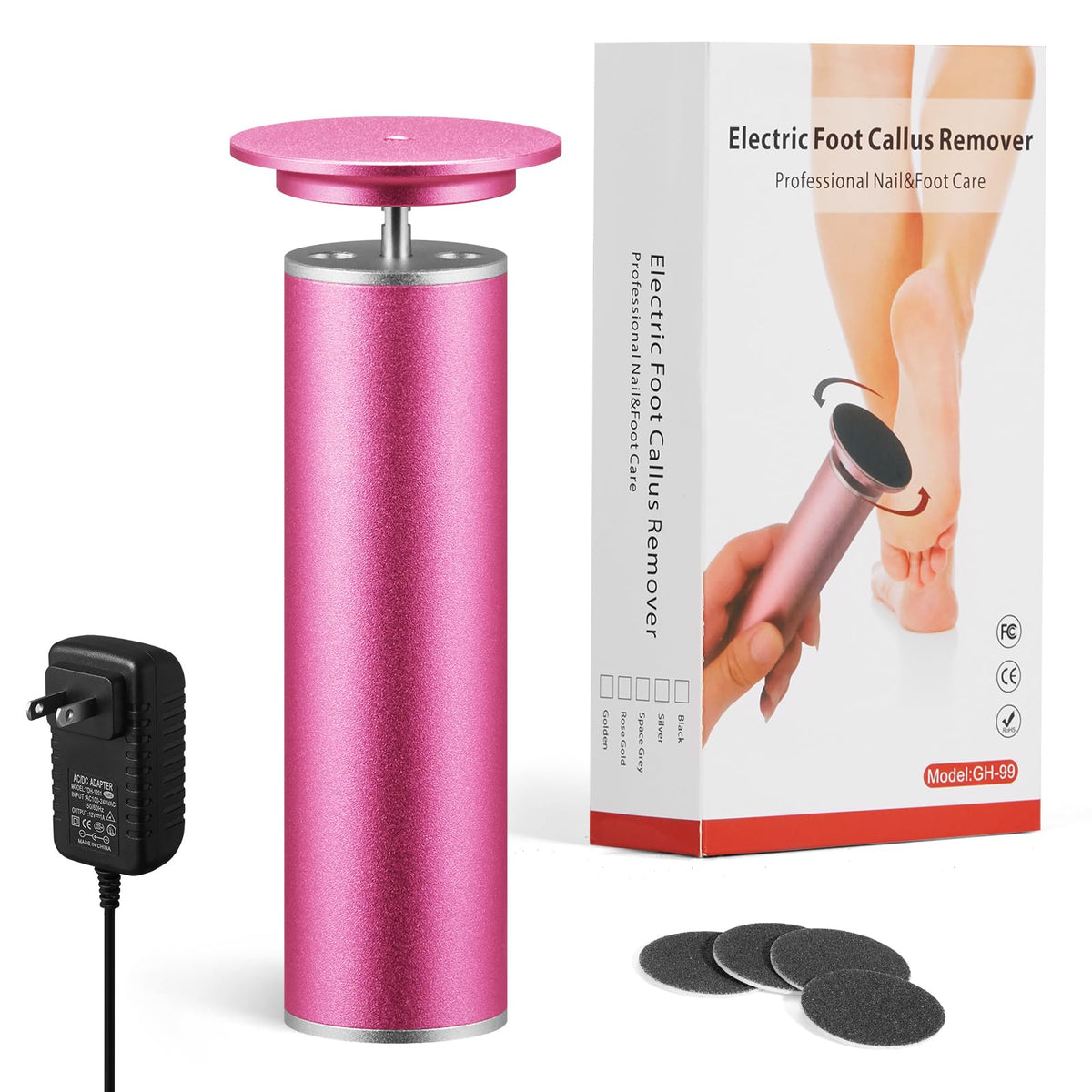 Koyyto Professional Electric Foot File - Adjustable Callus Remover With 60 Sandpaper Disks, Pink