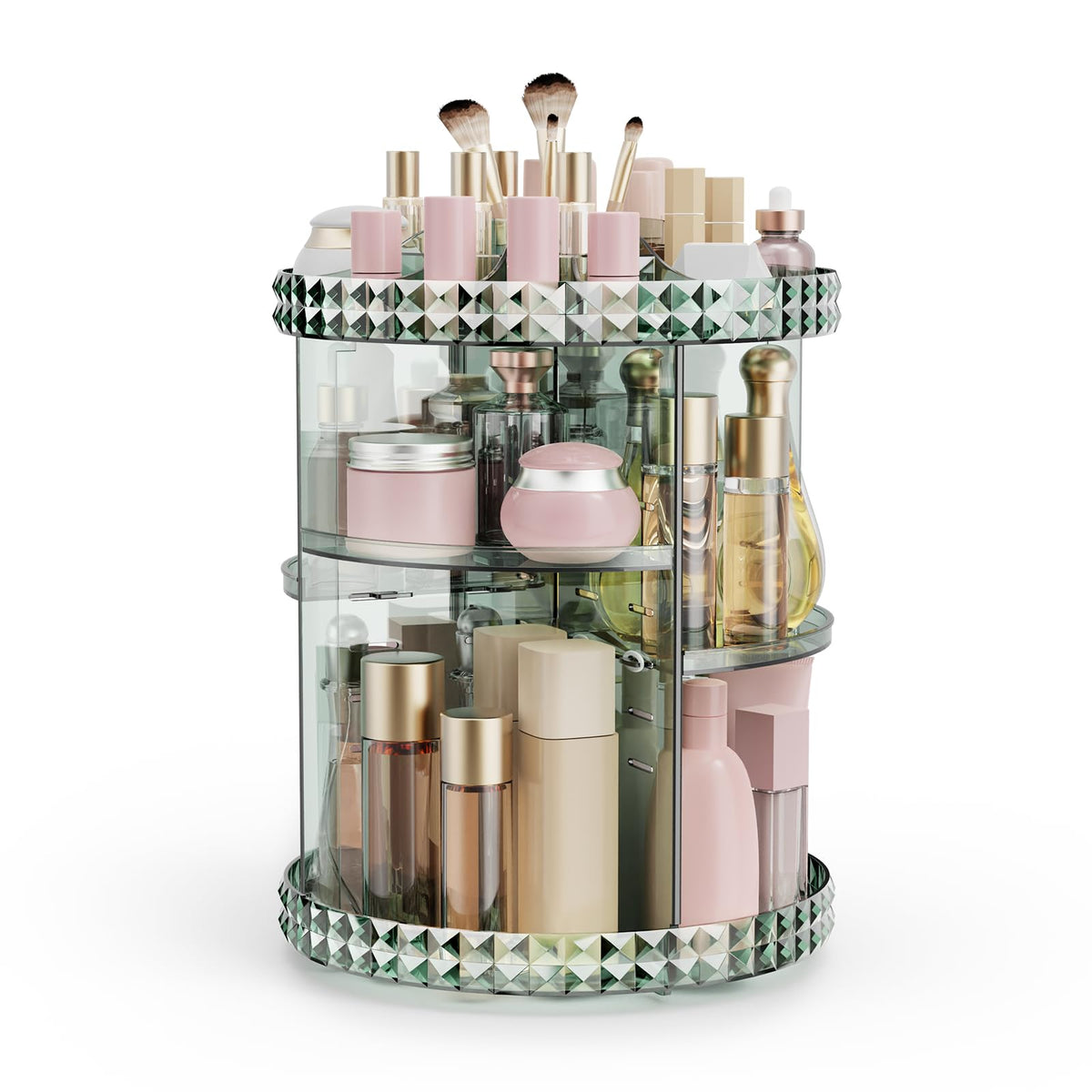 Rosoenvi 360° Rotating Makeup Organizer - Adjustable Medium Green Acrylic Skincare Storage