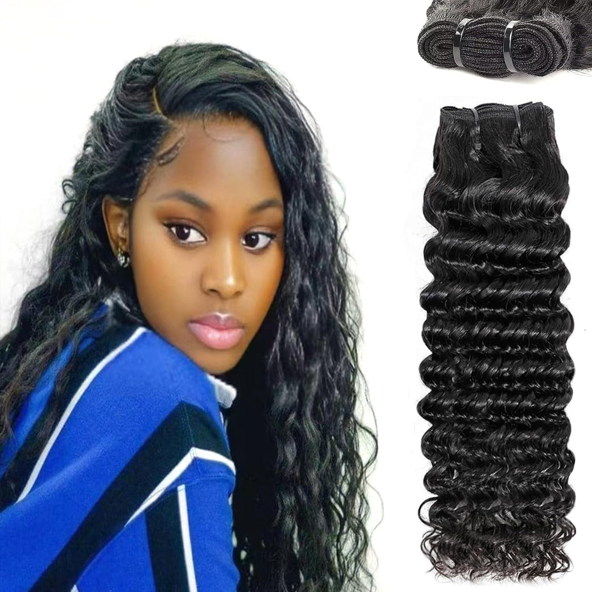 Selina Deep Wave Human Hair Bundles - Wavy Curly 14 16 18 Inch, Natural Black, 3 Bundles